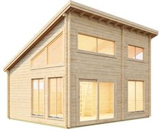 a small wooden house with windows and sidings on the side, in front of a white background