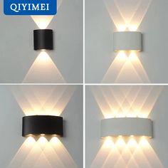 four different angles of a wall light that is on the side of a white wall