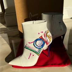 New So Kate White Patent Leather Ankle Booties, High 120 Mm Heel. Authentic Christian Louboutin Comes With Original Dust Bags And Box Size 38 Eu Louboutin Kate Boots, So Kate, Christian Louboutin Shoes, Ankle Booties, Patent Leather, Bootie Boots, Christian Louboutin, Red And White, Ankle Boots