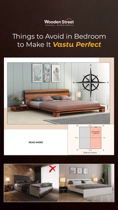 an advertisement for a bed room with furniture and decor