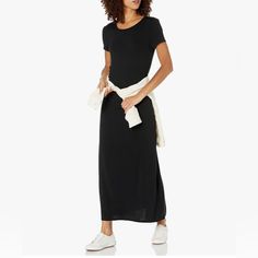 Relaxed Super Soft & Stretchy New Casual Fitted Maxi Dress For Daywear, Fitted Casual Maxi Dress For Daywear, Spring Fitted Crew Neck Maxi Dress, Casual Black Cotton Midi Dress, Black Cotton Midi Dress Casual Style, Casual Black Maxi Dress For Day Out, Black Short Sleeve Maxi Dress For Spring, Casual Crew Neck Maxi Dress For Spring, Casual Crew Neck Midi Dress For Daywear