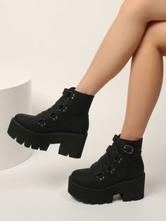 Black Punk Collar   Plain Combat Boots Embellished   Women Shoes Plus Size Boots, Heeled Combat Boots, Black Chunky Heels, Black Punks, Boots Chunky, Womens Combat Boots, Boots Women Fashion, Womens Shoes High Heels, Trainer Boots