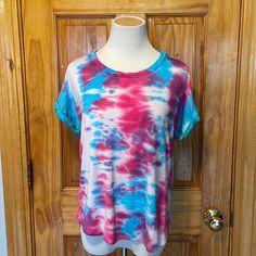 Tye Dye Tee Size Medium With Pink And Blue Dye. Tee Is New Unworn Only Newly Dyed By Jrsdesignsltd. Handmade In Maine With Pink Hand Dyed Cotton Top, Soft-washed Pink Top For Spring, Tie Dye Soft-washed Crew Neck Top, Tie-dye Soft-washed Crew Neck Top, Hand Dyed Casual Summer Shirt, Hand Dyed Cotton Tops, Multicolor Soft-washed Relaxed Fit Tops, Casual Hand Dyed Summer Shirt, Casual Hand Dyed Shirt For Summer