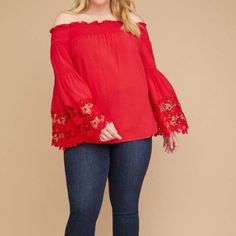 Nwt - Lane Bryant Off The Shoulder Eyelet Top 100% Rayon Red Lace Trim Tops For Spring, Crochet Bell, Crochet Bell Sleeve, Hot Pink Tops, White Long Sleeve Tee, Womens Knit Tops, Curvy Women Outfits, Eyelet Top, Curvy Plus Size