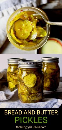 pickles in jars with text overlay reading bread and butter pickles