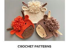 three crocheted animals with flowers on their heads and the words crochet patterns above them