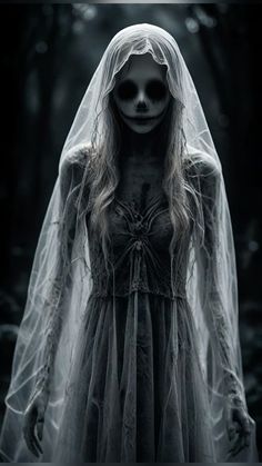 a woman dressed as a ghost with long hair and makeup is standing in the dark