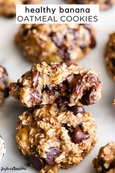 healthy banana oatmeal cookies stacked on top of each other with chocolate chips