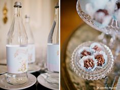 there are two different shots of wine and cookies in glass dishes on top of the table