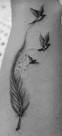 Three Feathers Tattoo, Feather And Birds Tattoo Ideas, Feather Bird Tattoo, Wing Tattoos On Wrist, Bird Tattoos For Women, Girl Back Tattoos, Feather Tattoo Design, Tasteful Tattoos, Inspiration Tattoos