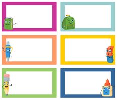 four different colored frames with cartoon characters and items in the same frame, one has a backpack