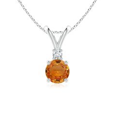 Featuring a round orange sapphire in a prong setting, this solitaire pendant captivates the senses. A shimmering diamond sits atop the gemstone and accentuates its intense hue. This pendant in platinum is designed with a V bale. Sapphire Solitaire, The Senses, Orange Sapphire, Sapphire Pendant, Solitaire Pendant, Prong Setting, Gemstone Jewelry, Diamond Necklace, Platinum