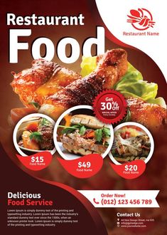 a restaurant food flyer is shown in red and white