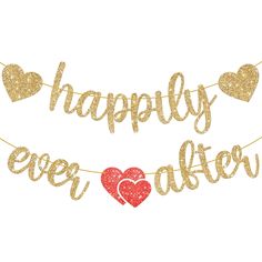 happily ever after banner with hearts and glitters in gold, red and pink colors