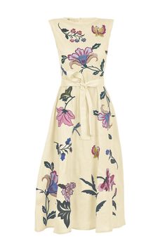 Cotton Poplin Sleeveless Midi Dress with Floral Embroidery.  Spring and Summer occasions meet their match with this crisp, classic silhouette steeped in handmade floral detail. 100% Cotton Midi Dress Sleeveless A-Line SIhoulette  Hand Embroidered all over floral detail  Tie Front Waist Belt (removable) Side Hidden Pockets Back Zipper Closure Dress Length 127 cm Made to Order Summer A-line Sleeveless Dress With Floral Embroidery, Summer Sleeveless A-line Dress With Floral Embroidery, Elegant Sleeveless Embroidered Floral Dress, Elegant Sleeveless Floral Embroidered Dress, Elegant Sleeveless Embroidered Summer Dress, White Sleeveless Dress With Floral Applique For Spring, Spring Sleeveless Embroidered Cotton Dress, White Sleeveless Floral Applique Dress For Spring, Sleeveless Cotton Embroidered Dress