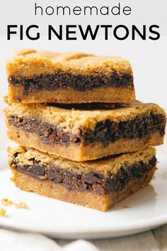 three brownies stacked on top of each other with the words homemade fig newtons