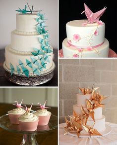 four different cakes and cupcakes are shown in this collage, including one with birds on them