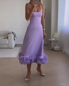 midi sundress with hem edge flowy slip dresses scoop neck purple long dress for trips #trips #tripoutfit #tripdress #sundress #purpledress #violetdress #midi Dress For Graduation, Simple Party Dress, Purple Long Dress, Flowy Midi Dress, Violet Dresses, Midi Sundress, Calf Length Dress, Slip Dresses, Wedding Guests