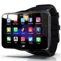 an image of a smart phone with icons on the screen and wrist strap attached to it