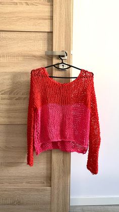 Fishnet Loose Top Pink and Red Beach Cotton Top Sloppy Knit | Etsy Poland Trendy Red Sweater For Spring, Pink Cotton Crew Neck Knit Top, Summer Pink Knit Sweater, Pink Knit Sweater For Summer, Trendy Pink Knit Top For Summer, Trendy Pink Summer Knit Top, Pink Crew Neck Knit Top For Layering, Trendy Pink Open Knit Top, Red Cotton Tops For Layering