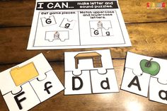 four matching puzzles with letters and numbers to match them