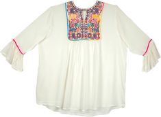 Loose fit and comfortable, this loose tunic is perfect for the summers, it is made from slightly sheer material and has a round neckline accentuated with embroidery in multicolor. This tunic shirt is all about elegant construction, a comfortable loose fit and a beautiful way to wear a current trend. Length: 30"Bust:M-44, L-46, XL-48 inches (please choose size below); Material: 100% Rayon; Care: Hand wash only, line dry Bohemian Multicolor Embroidered V-neck Top, Bohemian Crew Neck Blouse For Vacation, Summer Geometric Embroidery Tunic Top, Summer Crew Neck Top With Embroidered Neckline, Summer Tunic Top With Embroidered Hem, Bohemian Multicolor Crew Neck Blouse, Multicolor Bohemian Crew Neck Blouse, Multicolor V-neck Blouse With Embroidered Neckline, Long Sleeve Multicolor Embroidered Summer Tunic