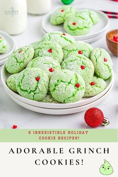 green cookies with red sprinkles on them and the words, 6 irresistible holiday cookie recipes adorable grinch cookies