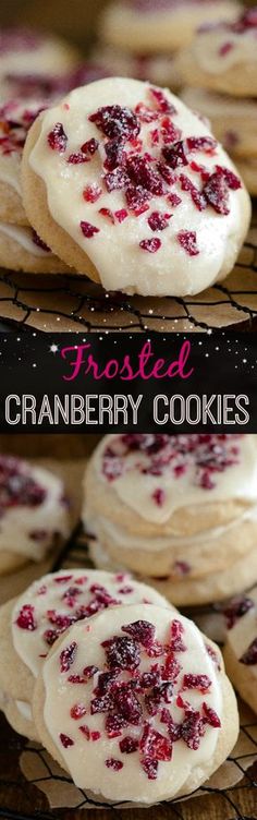 cranberry cookies with white frosting and red sprinkles on top