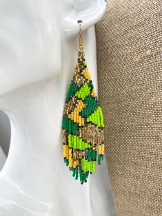 LUMINOUS JUNGLE Bright Abstract Green and Gold Statement Earrings, Fringe Seed Bead Earrings - Etsy Green Polished Bead Earrings, Green Earrings With Polished Round Beads, Gold Galaxy, Boho Chic Earrings, Abstract Earrings, Chic Earrings, Gold Statement Earrings, Giraffe Print, Seed Bead Earrings