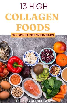 Multiple foods like peppers, salmon, and meat with text above the image. Collagen Foods, Collagen Boosting Foods, Collagen Rich Foods, Health Benefits Of Collagen, Longevity Recipes, Stomach Fat Burning Foods, Collagen Recipes, Collagen Benefits