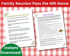 a family reunion pass the gift game on a checkered tablecloth with red and white gingham