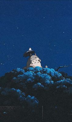 a cartoon character holding an umbrella sitting on top of a hill under the night sky