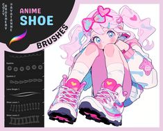 an anime character with pink hair and blue eyes sitting on top of a pair of shoes