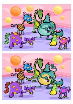 two cartoon images with different colored animals