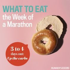 a couple of doughnuts sitting on top of a pink surface with the words what to eat, the week of a marathon