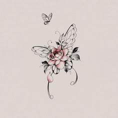 a flower and butterfly tattoo design on the back of a woman's shoulder,