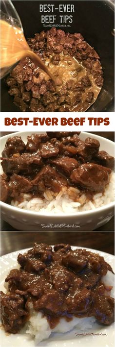 beef and rice is being cooked in the slow cooker, then served with gravy