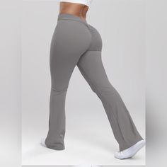 Women's High Waist Ruched Flare Leg Sports Leggings, Solid Color, Bell Bottom Trouser, High Stretch Seamless Flared Yoga Leggings, Ladies Sportswear Clothing For Training Running Yoga. Nylon 75% Elastane 25% Machine Washable, Slim Fitting Length 112.8 Waist 78 -108 Hips 102 Elastane Gym Bottoms With Elastic Fit, Elastic Elastane Gym Bottoms, Elastane Gym Bottoms, Elastic Sportswear Bottoms For Yoga, Athleisure Gym Bottoms With Elastic Fit, Athleisure Elastic Gym Bottoms, Athleisure Elastic Bottoms For Gym, Gray Stretch Workout Bottoms, Gray Stretch Gym Bottoms