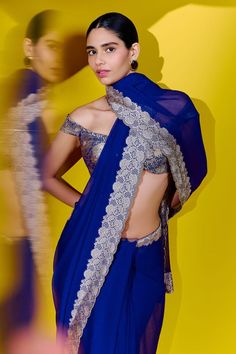 Blue saree with floral woven motifs and scallop cutwork border. Comes with unstitched blouse piece. - Aza Fashions Sarees Banarasi, Border Saree, Blue Saree, Fashion App, Banarasi Sarees, Floral Border, Handloom Saree, Cut Work, Sarees Online