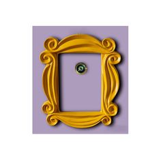 an ornate yellow frame with a green button in the center on a purple wall background