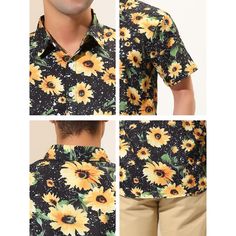 The summer beach shirt features a floral printed, fashionable. Made of soft and breathable fabric, it gives you a comfortable experience in summer. Match the sunflower shirt with casual pants or board shorts for a summer Hawaiian casual look. Suitable for summer daily wear, beach, pool, party, club, festival, etc. Available in multiple colors, it is a wardrobe necessity for summer. Fitted Button-up Hawaiian Shirt For Summer, Fitted Printed Hawaiian Shirt For Spring, Multicolor Shirt With Plants Print For Summer, Fitted Summer Hawaiian Button-up Shirt, Summer Collared Shirt With All Over Print, Multicolor Summer Shirt With Plant Print, Multicolor Plant Print Shirt For Summer, Collared Hawaiian Shirt With All Over Print For Summer, Fitted Collared Hawaiian Shirt For Summer