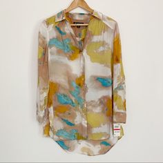 Nwt Inc Water Color Sky Print Tunic Blouse. Long Button Down Shirt. Long Sleeve But Can Be Work With Sleeves Rolled And Secured. Size Xsmall. Oversized Approximate Measurements Under The Arms 19 Inches Total Length 34.5 Inches Oo Multicolor Summer Tops For Office, Chic Multicolor Blouse With Buttons, Multicolor Button-up Top For Daywear, Chic Multicolor Blouse With Button Closure, Multicolor Button Closure Blouse For Day Out, Multicolor Blouse With Button Closure For Day Out, Chic Multicolor Button-up Blouse, Casual Multicolor Office Blouse, Trendy Blouse With Button Closure For Daywear