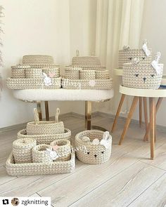 several baskets are stacked on top of each other