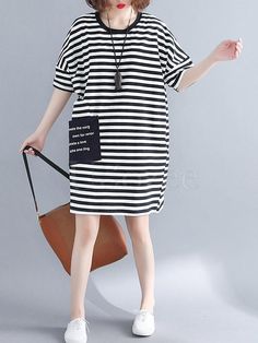 Sku CY-!32712 Material >80%Cotton Style Loose Feature Striped Occasion Going out , Casual , Vacation , Simple Neckline Round-neck Seasons Summer Type Mini Dresses Color BLACK WHITE Size FREE SIZE Size chart: Please consult the size chart we provide for this item's measurements to help you decide which size to buy. Please note: There may be 1-3cm differ due to manual measurement. CMINCH Bust Cuff Length FREE SIZE 130 40 90 Round Neck Shirt, Black Shirt Dress, Dress Material, Mini Dresses, Cotton Style, Neck Shirt, Dress Materials, Shift Dress, Free Size