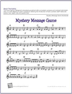 the mystery message game is shown in this page, with music notations on it