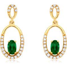 Royal 14K Yellow Gold Emerald and Diamond Earrings - 0.65 Carat Total Gem Weight Exquisite Oval Prong-set Earrings, Exquisite Oval Prong Set Earrings, Exquisite Oval Earrings With Prong Setting, Yellow Gold Oval Diamond Earrings For Formal Events, Oval Diamond Earrings With Elegant Design For Formal Occasions, Elegant Oval Diamond Earrings For Formal Occasions, Formal Oval Yellow Gold Diamond Earrings, Formal Yellow Gold Oval Diamond Earrings, Oval Yellow Gold Diamond Earrings