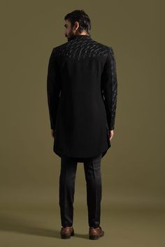 Black full sleeves achkan with geometric florin cut dana, beads, sequin and leather cord embroidery. Paired with a trouser. - Aza Fashions Trouser Men, Cord Embroidery, Trouser For Men, Trouser Pattern, Full Sleeves, Mandarin Collar, Mens Trousers, Aza Fashion, Leather Cord