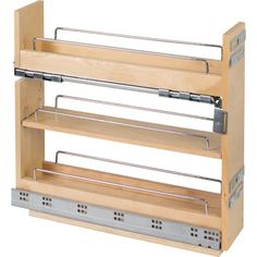 a wooden shelf with three shelves and two pull out racks