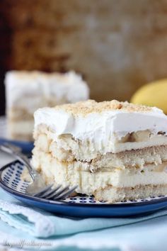 a piece of cake sitting on top of a blue plate