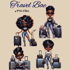 Travel Clipart, Girls Clips, Chibi Girl, Afro Girl, Art Bundle, Art Stickers, Passport Cover, Female Travel, Travel Art